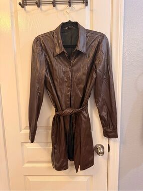 Crystal Doll Brown Faux Leather Belted Shirt Jacket